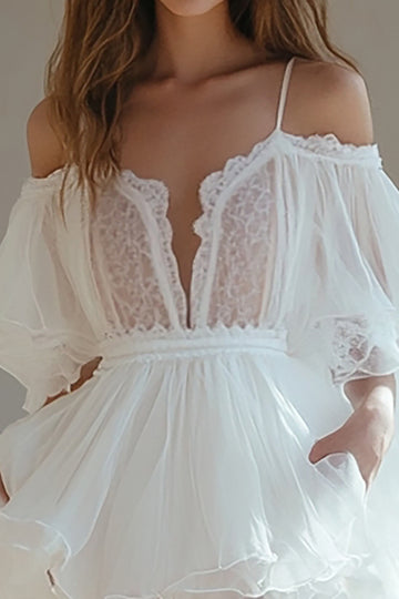 White Long Sleeve Cold Shoulder Ruffled Graduation Dress